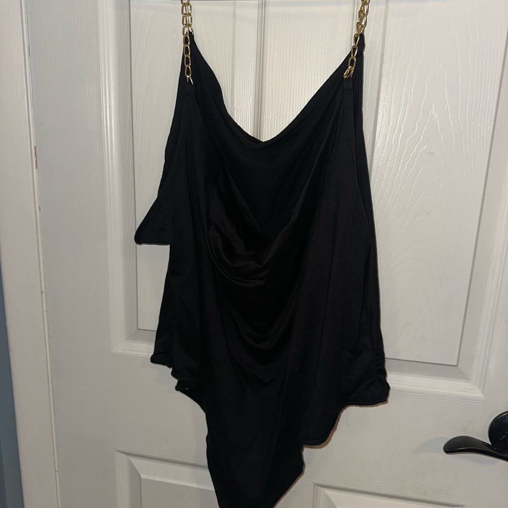 Black Drape Tank Top Bodysuit with Gold Chain Straps